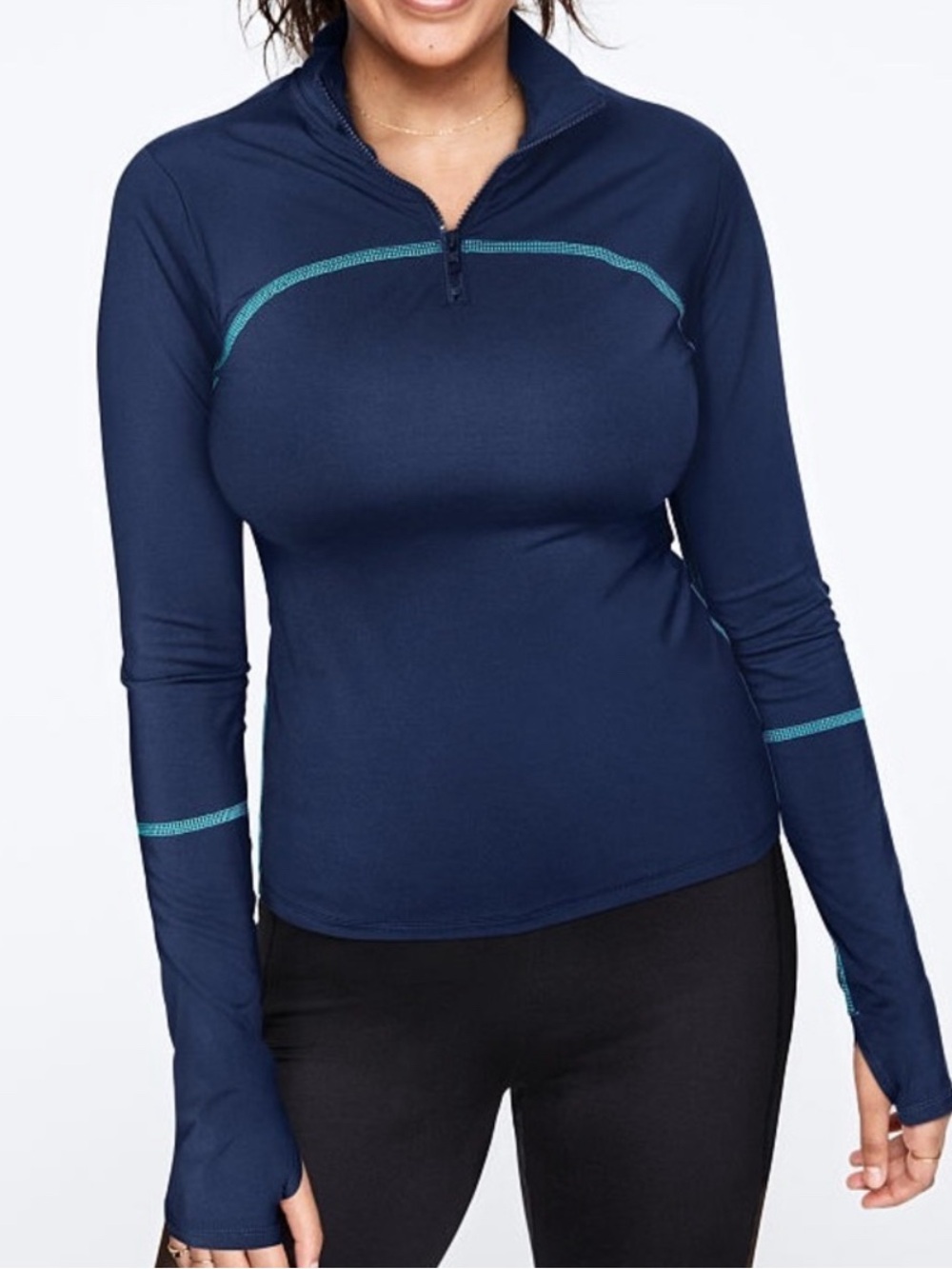 PINK Victoria's Secret Navy Long-Sleeve Half-Zip Top with Teal Stitching